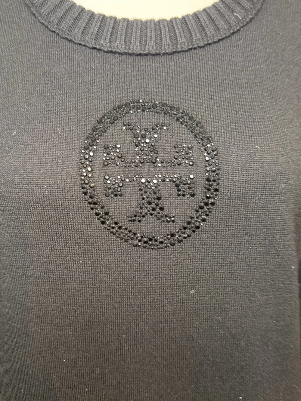 Tory Burch Black Crewneck Sweater with Beaded Logo